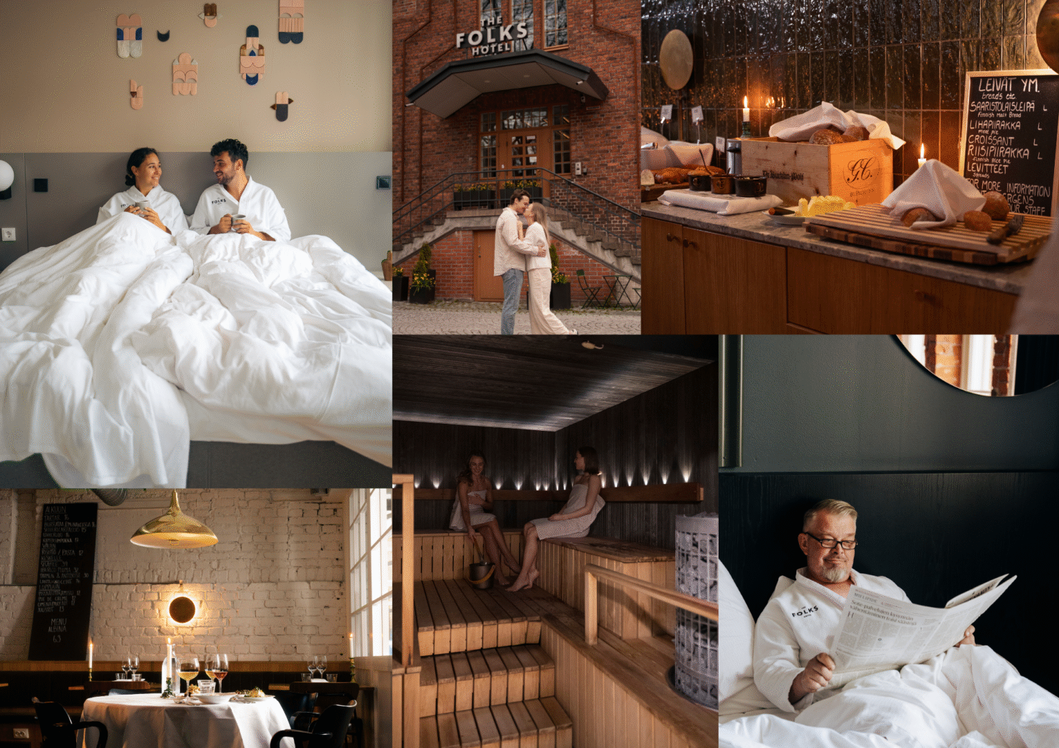 Kollaasi erilaisista kuvista, jossa näkyy The Folks Hotel Konepajan huoneita, sauna sekä ravintola Albina
